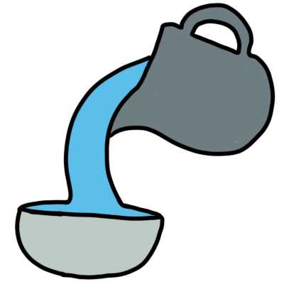 blue water pouring from a grey jug into a light grey bowl